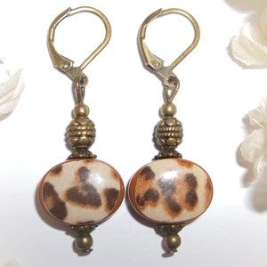 Brown and Bronze Animal Print Earrings Beaded Dangle Drop Fashion Jewelry 7280